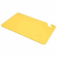 This yellow co-polymer cutting board measures 12 inches wide by 18 inches long. It is NSF Certified for use in foodservice environments where sanitation standards are required. The color coding helps designate specific food preparation tasks to reduce cross-contamination