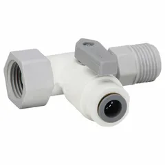 This Parker three-way ball valve features a polypropylene body with cross flow configuration and L-port design. It has a one-piece construction with Push x MNPT x FNPT connections and a lever handle. NSF 51 compliant, it is suitable for diverting or mixing flow in potable water, food processing, and chemical handling systems where corrosion resistance is required.