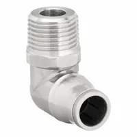 This stainless steel push-to-connect fitting has a 3/8" MNPT thread on one end and accepts 12 mm OD tubing on the other. It is used for quick, tool-free connections in pneumatic or low-pressure fluid systems. The elbow configuration allows for directional changes in tubing runs