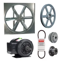 Unassembled belt-drive panel supply fan with a 30-inch blade and totally enclosed motor. Delivers 8,867 cfm at 208-230/460V AC three-phase. Suitable for general ventilation and air movement in industrial and commercial facilities such as warehouses, factories, and workshops.