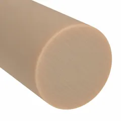 This ABS rod measures 1 1/2 inches in diameter and 6 feet in length. It is beige and opaque, with a tensile strength of 7,200 psi and an impact strength of 4.6 ft-lb/in. Commonly used for machining prototypes, jigs, fixtures, and industrial parts requiring impact resistance and tensile strength.