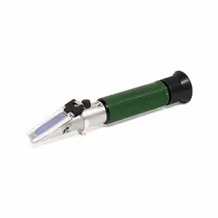Analog handheld refractometer for measuring Brix (sugar content) in liquids. Manual operation with +/-0.1% accuracy. Suitable for field or laboratory use in quality control of juices, syrups, and other solutions.