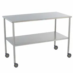 This fixed-height lab table features a stainless steel countertop and swivel casters for mobility. The corrosion-resistant surface facilitates cleaning in laboratory environments. Overall dimensions: 36 in length, 20 in width, 34 in height.