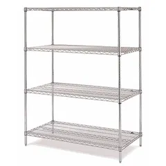This stationary wire shelving unit is constructed of stainless steel for corrosion resistance in wet environments. It includes four shelves with a split sleeve assembly, measuring 72 inches wide by 24 inches deep with an overall height of 74 inches. Suitable for industrial storage applications where moisture resistance is required.