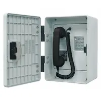 Intrinsically safe telephone for outdoor commercial use in hazardous environments. Features a corrosion-resistant plastic enclosure, non-sparking design, and braille metallic keypad. Includes Hytrel cord, volume control, and operates on PSTN network. Surface mount installation