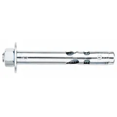 Stainless steel sleeve anchor with hex nut, 1/2 in diameter, 3/8"-16 thread size, 2 1/2 in overall length. Pack of 25. Used for fastening fixtures, brackets, and equipment to solid concrete, brick, or block.