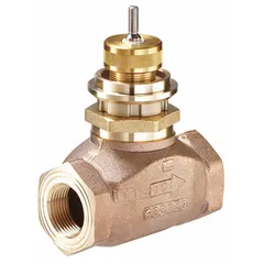 Bronze body globe valve with stainless steel stem and seat, 3/4 in female NPT connections, and 7.3 CV flow coefficient. Normally closed with stem-up-to-close action. Used for regulating water flow in hydronic HVAC systems.