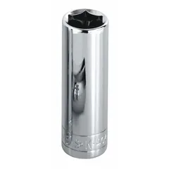 This 1/4" drive hand socket features a 10 mm metric size with a 6-point configuration and deep profile. The chrome finish provides corrosion resistance. It is used for turning hex nuts and bolts in applications requiring extended reach to recessed fasteners.