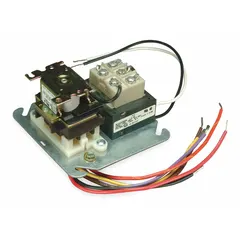 Fan-control relay with integrated transformer featuring two SPST relays (Normally Closed and Normally Open) and one SPDT low-voltage contact form, all operated by a 24V AC coil. Suitable for HVAC and industrial control systems requiring combined relay and transformer functionality.