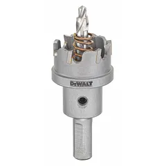 This carbide-tipped hole saw with attached arbor is designed for cutting metal, including steel and stainless steel. It features 2 teeth per inch and a maximum cutting depth of 1/4 inch, suitable for drilling clean holes in ferrous materials.