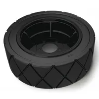 Black rubber tire and rim assembly with 6 in overall length. Designed as a replacement part for floor cleaning machines, providing traction and support during operation
