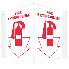 PETG sign with V-shape projection for marking fire extinguisher locations. Nominal size 12 in x 14 in, 0.06 in thick. Mounts via holes; not retroreflective, no glow, no anti-slip surface.