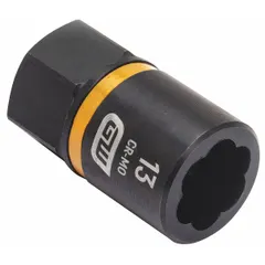 This 3/8" drive bolt extraction impact socket features a 7-point standard design for removing damaged, rounded, or seized bolts. The 13 mm socket size and black oxide finish provide corrosion resistance. It is not tether capable. Suitable for use with impact tools in automotive and industrial applications.