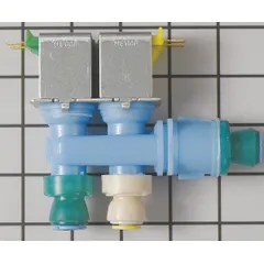This water inlet valve controls water flow to the refrigerator's ice maker and water dispenser. It opens to supply water when the refrigerator calls for ice or chilled water, then closes to stop flow. Suitable for use in Whirlpool refrigerators and freezers.