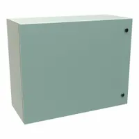 Steel enclosure rated NEMA 12/3R/4 for indoor and outdoor use. Solid hinged cover with 1/4-turn latch. No knockouts. Used to house electrical controls and components in industrial washdown environments