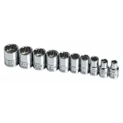 This 10-piece socket set includes 12-point metric sockets ranging from 5 mm to 14 mm with a 1/4 in drive. Sockets feature friction ball retention for secure fit. Suitable for tightening and loosening metric fasteners in confined spaces.