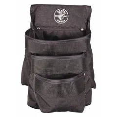 Black nylon tool pouch with three open-top pockets. Attaches via belt slot for belts up to 2 1/2 inches wide. Used for carrying hand tools such as screwdrivers, pliers, and cutters on a belt during electrical, maintenance, and construction tasks.