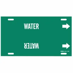 This strap-on pipe marker identifies water lines in industrial facilities. It features a green background with white legend text reading 'Water' and includes directional arrows to indicate flow direction. Designed to fit pipe outer diameters of 10 to 15 inches.