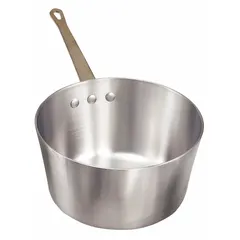 Aluminum sauce pan with a straight body and a riveted steel handle with chrome-plated coating. NSF certified. Suitable for simmering, heating, and preparing sauces, soups, and side dishes in commercial and institutional kitchens.