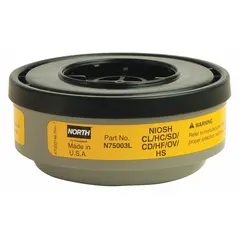 Threaded yellow cartridge providing combined acid gas and organic vapor protection. Sold as a pair. Compatible with NORTH 5400, 5500, 7600, 7700, RU6500, and RU8500 series reusable respirators. Used in industrial environments where respiratory protection against these contaminants is required.