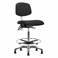 This armless cleanroom task chair is ESD-safe and rated for ISO 5 environments. It features a vinyl seat and back, aluminum base, and foot support. Seat width is 19 inches, depth 18 inches, with height adjustable from 26 1/4 to 36 inches. Back tilt ranges 10.5° forward and 13.5° backward