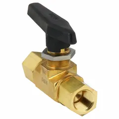 Brass instrumentation ball valve with 1/2 inch female NPT threaded connections on both ends. Straight body design with standard port ball port and lever handle for manual two-way flow control. Suitable for shut-off and flow regulation in industrial piping systems.