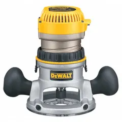 This mid-size corded router features a fixed base and a 1.75 hp motor delivering a fixed speed of 24,500 RPM. It accepts both 1/4 in and 1/2 in collets and operates on 120V AC. The router is suited for edge profiling, dado cutting, and joinery in woodworking applications.