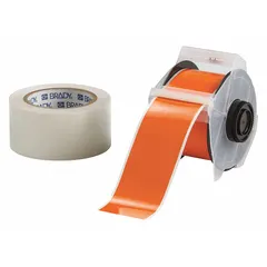 Orange gloss polyester floor marking tape with rubber adhesive, supplied in 2 1/4 in x 100 ft rolls. Compatible with GlobalMark printer series; requires ribbon 76739. Used for safety and identification marking in industrial facilities.