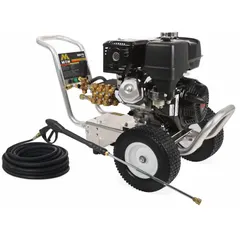 Gas-powered cold water pressure washer on a cart. Delivers 3600 psi at 2.8 gpm. Suitable for cleaning equipment, machinery, and surfaces in industrial or commercial settings. Rated for 20 hours of use per week.