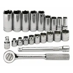 This 21-piece SAE socket set includes a 3/8 in drive fixed round head ratchet and deep sockets ranging from 1/4 in to 7/8 in. The 6-point sockets feature a friction ball retaining system. Suitable for tightening and loosening SAE fasteners in automotive, industrial, and mechanical applications.