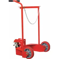This three-wheel vertical liquid gas cylinder cart is designed for transporting a single cylinder up to 20 inches in diameter. It features a T-shaped frame and a caster configuration with one swivel caster equipped with a brake. Suitable for moving heavy gas cylinders in industrial settings