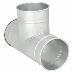 Steel tee branch for 8 in duct diameter with a 90° branch angle and 16 in overall length. Used to connect a main duct line to a branch in ventilation, dust collection, and material handling systems.