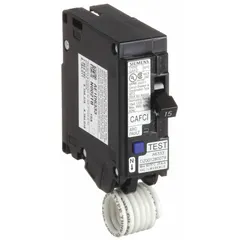 Single-pole combo arc fault circuit interrupter rated 15 A at 120V AC. Plug-in design for use in Siemens Q Series load centers. Provides protection against series and parallel arcing faults in branch circuits.