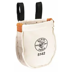 Tan canvas tool pouch with two pockets and an open-top closure. Attaches to belts up to 3 inches wide via a belt slot. Suitable for carrying hand tools on a belt for quick access during maintenance or installation tasks.