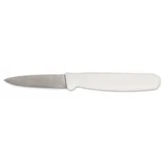 This paring knife features a straight steel blade with an overall length of 3 1/2 inches and a white polypropylene handle. It is NSF certified for commercial use. Suitable for precision cutting, peeling, and trimming tasks in food service environments.