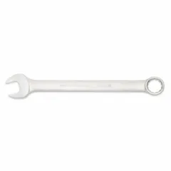 This SAE 12-point combination wrench features a 2-1/8 in head size and 27-3/4 in overall length, with an offset design for improved access. The satin finish provides a corrosion-resistant surface. Suitable for tightening and loosening large fasteners in industrial maintenance, heavy equipment repair, and construction applications.