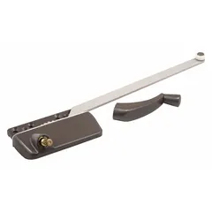 This left-hand crank window operator is designed for casement windows and includes a handle. It mounts to the window frame and features a bronze-coated finish. The operator has a 3-inch base length and is suitable for residential and light commercial applications.