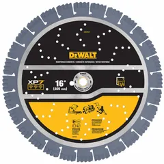 16-inch segmented diamond blade with 1-inch arbor, rated for wet or dry cutting. Designed for use on power cutters to cut concrete and asphalt in construction, roadwork, and demolition applications.