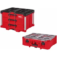 Polymer tool box with black/red finish. Includes one Deep Organizer. Compatible with a padlock for securing contents. Dimensions: 22-1/4 in width, 14-1/4 in height, 14-1/4 in depth. Suitable for transporting and organizing tools and accessories in various work environments.