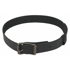 This leather tool belt is designed for ironworker applications, accommodating waist sizes from 38 to 46 inches. It features a black finish and is not padded, providing a sturdy platform for carrying tools on construction or industrial job sites.