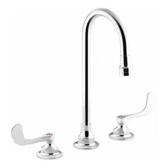 Brass construction with chrome finish. Widespread handle design for bathroom sinks. Flow rate of 1 gpm.