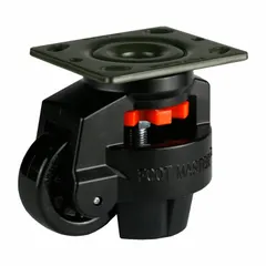 This FOOT MASTER leveling plate caster features a 75 mm diameter nylon tread wheel and a white frame. With a mounting height of 120 mm and a load capacity of 1,764 lb, it is suited for industrial material handling equipment such as carts, racks, and workstations where smooth rolling on hard floors is required.