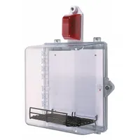 Clear polycarbonate wall fixture guard for indoor use with sensitive devices. Includes an alarm with 32 tones. Surface mounts to wall via included eyelet. Overall depth 14 3/16 in