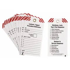 Lockout tag made of polyester with fields for Description, ID#, and Location, printed in English. Used in lockout/tagout procedures to identify equipment under maintenance and prevent accidental startup.