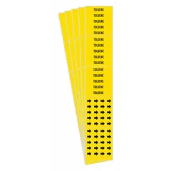 Yellow adhesive pipe markers with black legend reading 'Toluene' and directional arrows. Each marker fits pipes with an outside diameter of 3/4 inch or smaller. Pack of 5 markers. Used to identify piping systems carrying toluene in industrial facilities, aiding in compliance with safety regulations and preventing cross-contamination.