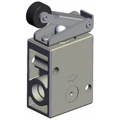 Roller-actuated 2-port manual air control valve with 1/4 in NPT ports. Maximum operating pressure 1 MPa. Used in pneumatic control systems for directing air flow in industrial automation, packaging, and material handling applications.