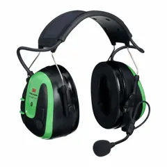 Over-the-head earmuff headset with 22 dB NRR hearing protection and Bluetooth connectivity for two-way radio communication. Enables listen/talk operation in noisy environments. Compatible with two-way radios featuring Bluetooth. Cup color is black; not foldable.