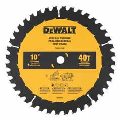 This 10-inch circular saw blade features 40 teeth with a combo grind suitable for both ripping and crosscutting in softwood. It has a 0.1-inch kerf and a 5/8-inch arbor, sold as a 2-pack. Commonly used for framing, decking, and general construction tasks.