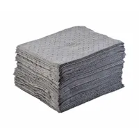 Perforated polypropylene sorbent pad for absorbing oils, coolants, and water-based fluids. Each pad absorbs 61 7/16 oz. Gray color. Sold in a 100-pack. Suitable for industrial spill cleanup, leak maintenance, and drip control in manufacturing and facility environments