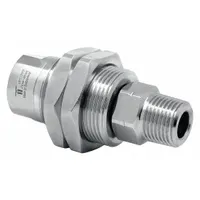 This MOSMATIC rotary union is a straight, single-passage joint made of nickel-plated C38500 brass. It transfers air from a stationary supply line into rotating machinery, supporting speeds up to 1000 RPM. The 3/8 in stationary port connects to fixed piping. Typical applications include industrial automation, packaging, and material handling equipment requiring a leak-free air connection